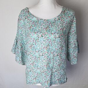 Viola Borghi Floral Patterned Womens Blouse -  Blue Green Linen Bell Sleeve Med